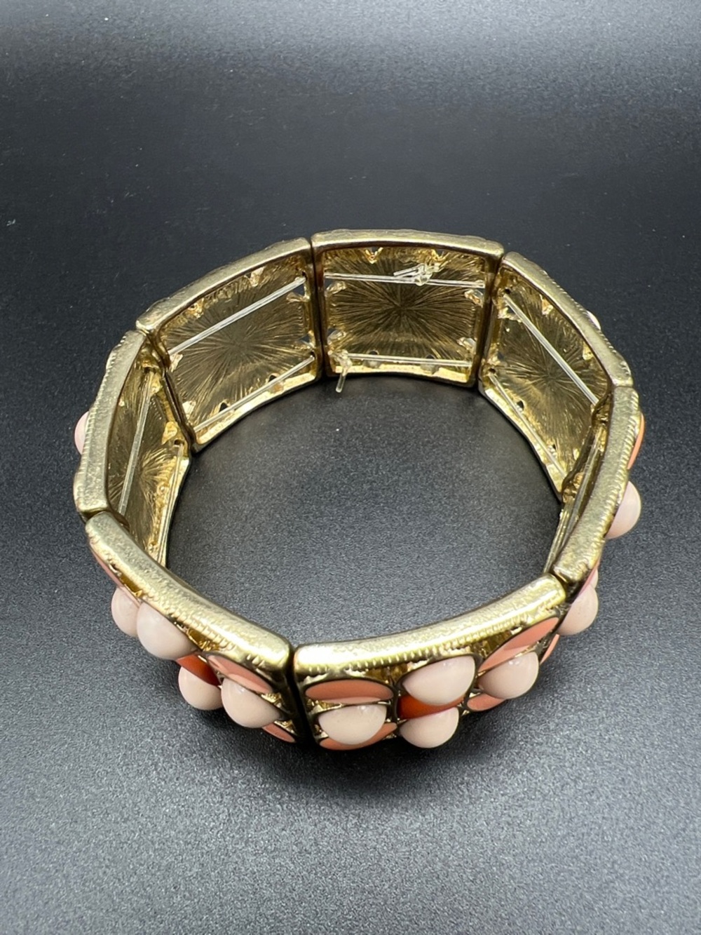 Gold-Tone Stretch Bracelet with Coral and Cream Cabochons and Peach Enamel - Picture 3 of 5